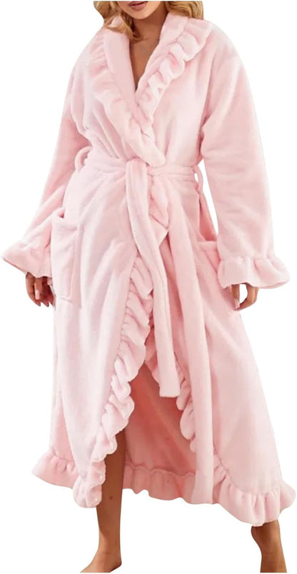Cute Ruffle Fuzzy Robe for Women Plush Soft Long Sleeve Fluffy Warm Fleece Mid-Long Bathrobe with Pockets