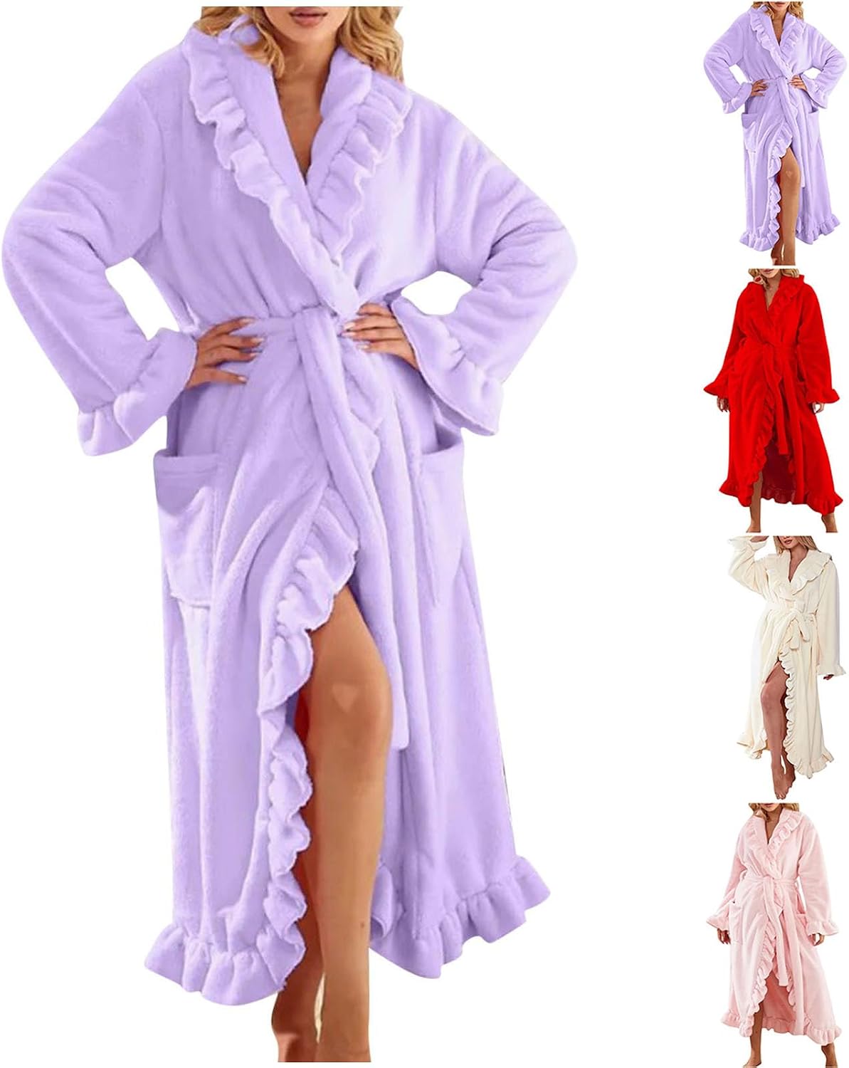 Cute Ruffle Fuzzy Robe for Women Plush Soft Long Sleeve Fluffy Warm Fleece Mid-Long Bathrobe with Pockets