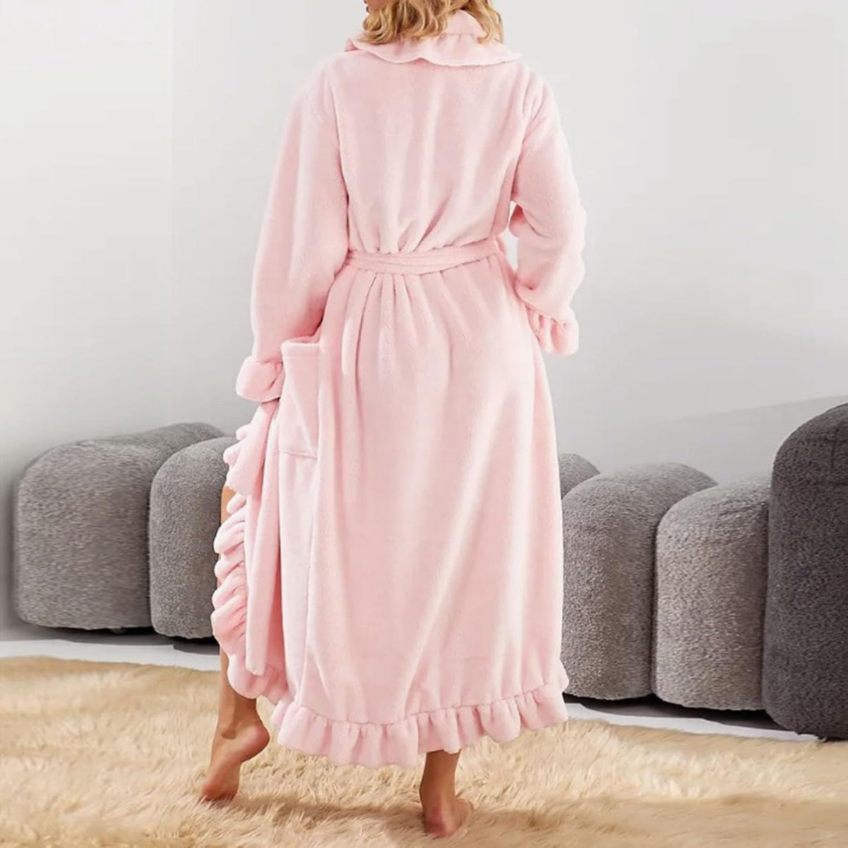 Cute Ruffle Fuzzy Robe for Women Plush Soft Long Sleeve Fluffy Warm Fleece Mid-Long Bathrobe with Pockets