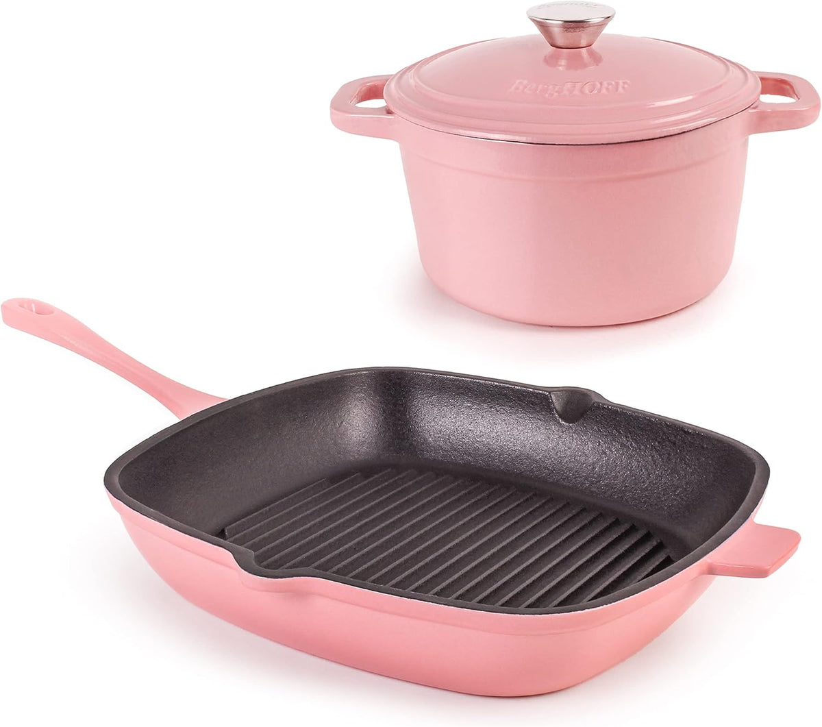 3Pc Pink Enameled Cast Iron Cookware Set With Matching Lid