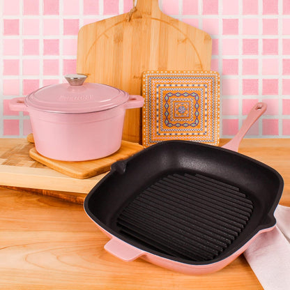 3Pc Pink Enameled Cast Iron Cookware Set With Matching Lid
