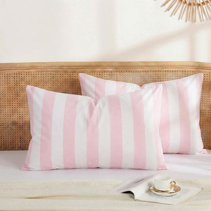 Queen Size Pillowcases, 100% Cotton Pillow Cases, Pink and White Striped Pillowcases, Luxury Linen Like Pillowcase, Soft Breathable Wide Stripe Pillow Covers, Set of 2