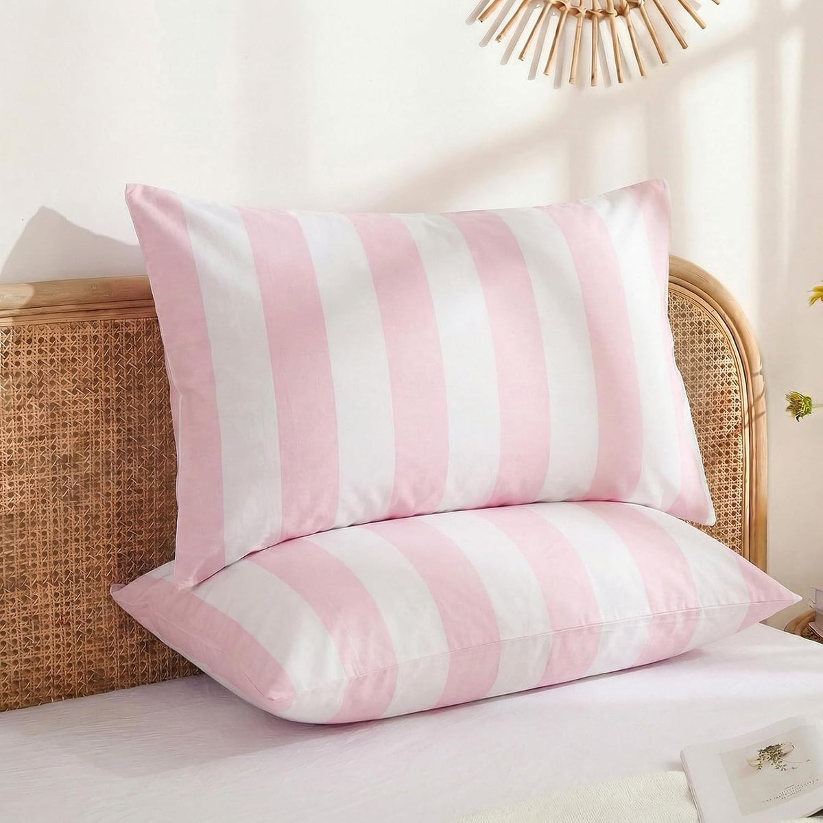 Queen Size Pillowcases, 100% Cotton Pillow Cases, Pink and White Striped Pillowcases, Luxury Linen Like Pillowcase, Soft Breathable Wide Stripe Pillow Covers, Set of 2