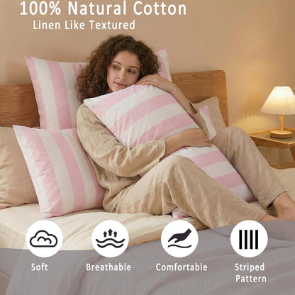 Queen Size Pillowcases, 100% Cotton Pillow Cases, Pink and White Striped Pillowcases, Luxury Linen Like Pillowcase, Soft Breathable Wide Stripe Pillow Covers, Set of 2
