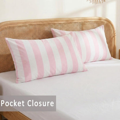 Queen Size Pillowcases, 100% Cotton Pillow Cases, Pink and White Striped Pillowcases, Luxury Linen Like Pillowcase, Soft Breathable Wide Stripe Pillow Covers, Set of 2