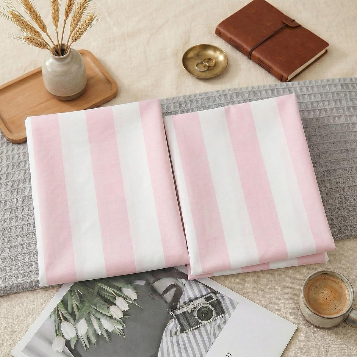 Queen Size Pillowcases, 100% Cotton Pillow Cases, Pink and White Striped Pillowcases, Luxury Linen Like Pillowcase, Soft Breathable Wide Stripe Pillow Covers, Set of 2