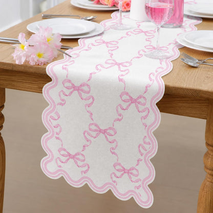 Pink Bow Table Runner 72 Inches Cute Heart Linen Fabric Scalloped Table Runner Coquette Dining Decor for Birthday Baby Shower Party School Home Decor(Bow C)