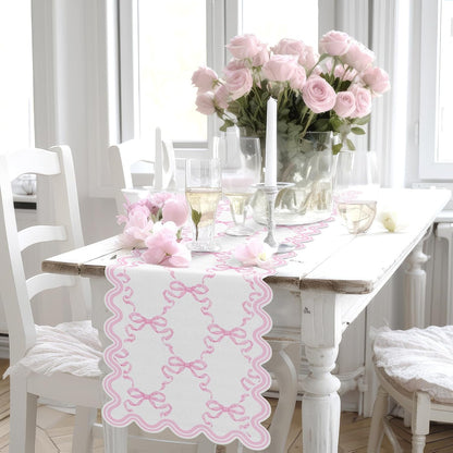 Pink Bow Table Runner 72 Inches Cute Heart Linen Fabric Scalloped Table Runner Coquette Dining Decor for Birthday Baby Shower Party School Home Decor(Bow C)