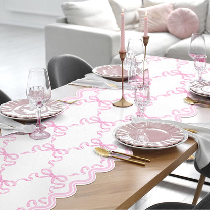 Pink Bow Table Runner 72 Inches Cute Heart Linen Fabric Scalloped Table Runner Coquette Dining Decor for Birthday Baby Shower Party School Home Decor(Bow C)
