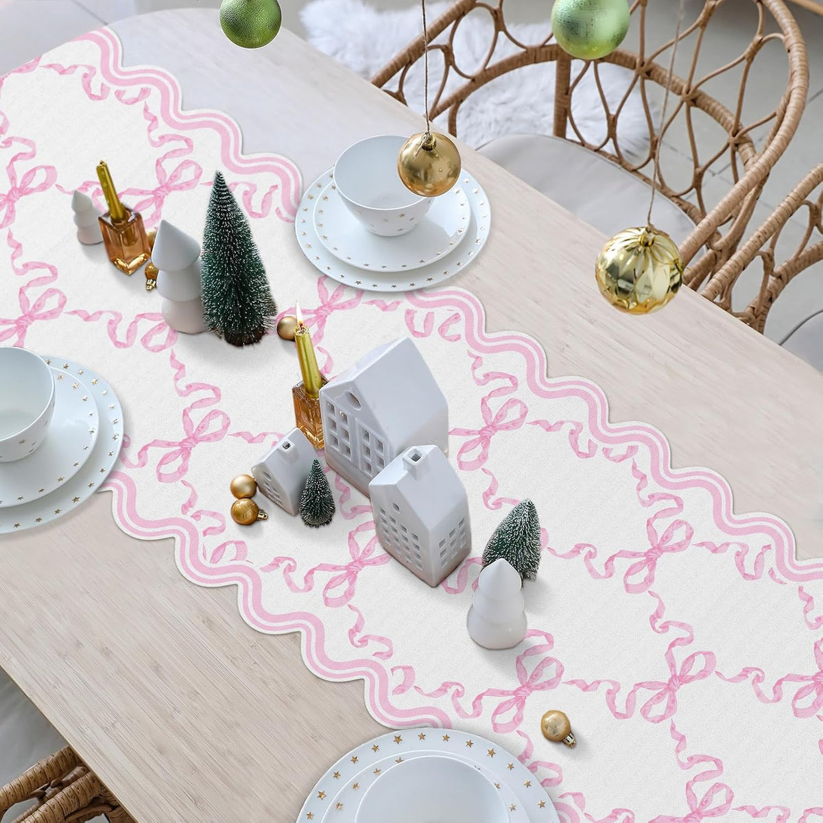 Pink Bow Table Runner 72 Inches Cute Heart Linen Fabric Scalloped Table Runner Coquette Dining Decor for Birthday Baby Shower Party School Home Decor(Bow C)