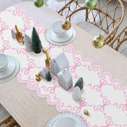 Pink Bow Table Runner 72 Inches Cute Heart Linen Fabric Scalloped Table Runner Coquette Dining Decor for Birthday Baby Shower Party School Home Decor(Bow C)