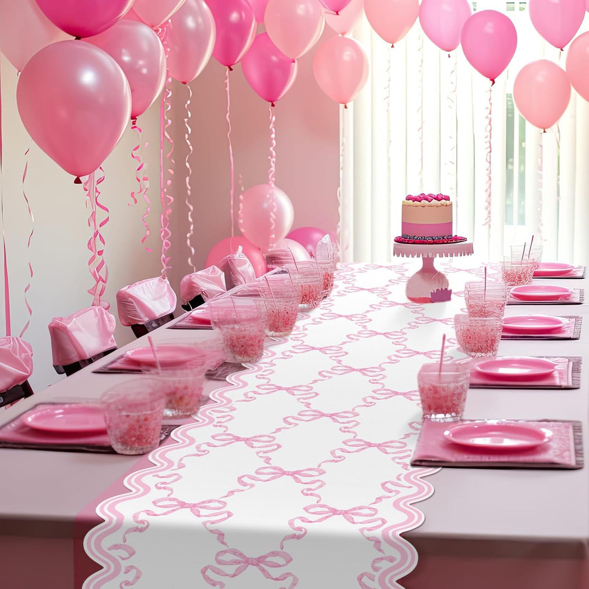 Pink Bow Table Runner 72 Inches Cute Heart Linen Fabric Scalloped Table Runner Coquette Dining Decor for Birthday Baby Shower Party School Home Decor(Bow C)