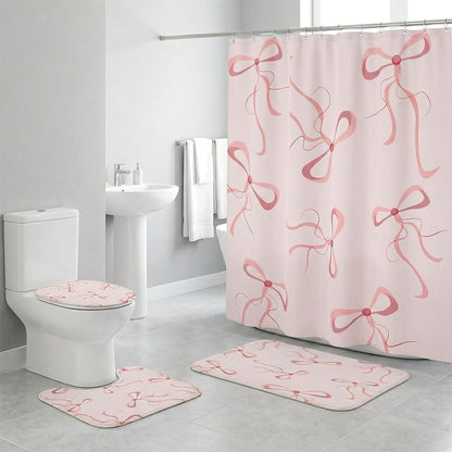 4Pcs Pink Bow Shower Curtain Set, Complete Pink Bathroom Set Includes 70.8x70.8 Inch Curtain, Toilet Lid Cover, Non-Slip Rug, U-Shaped Mat, and 12 Hooks for Aesthetic Decor