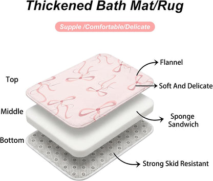 4Pcs Pink Bow Shower Curtain Set, Complete Pink Bathroom Set Includes 70.8x70.8 Inch Curtain, Toilet Lid Cover, Non-Slip Rug, U-Shaped Mat, and 12 Hooks for Aesthetic Decor