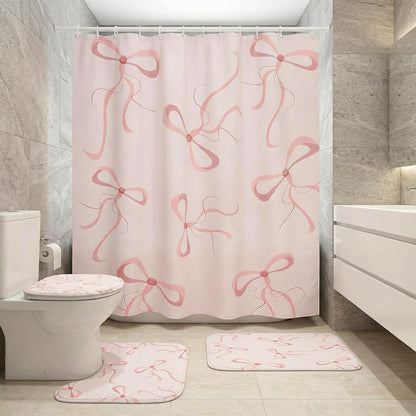 4Pcs Pink Bow Shower Curtain Set, Complete Pink Bathroom Set Includes 70.8x70.8 Inch Curtain, Toilet Lid Cover, Non-Slip Rug, U-Shaped Mat, and 12 Hooks for Aesthetic Decor
