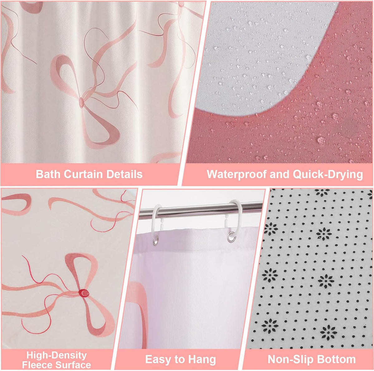 4Pcs Pink Bow Shower Curtain Set, Complete Pink Bathroom Set Includes 70.8x70.8 Inch Curtain, Toilet Lid Cover, Non-Slip Rug, U-Shaped Mat, and 12 Hooks for Aesthetic Decor