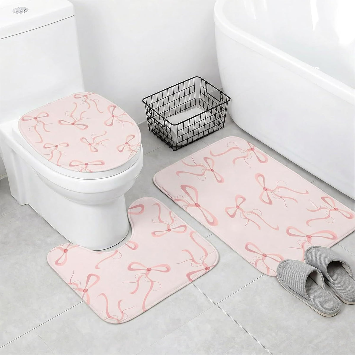 4Pcs Pink Bow Shower Curtain Set, Complete Pink Bathroom Set Includes 70.8x70.8 Inch Curtain, Toilet Lid Cover, Non-Slip Rug, U-Shaped Mat, and 12 Hooks for Aesthetic Decor