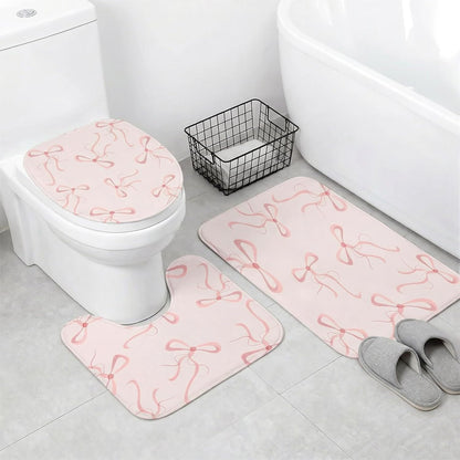 4Pcs Pink Bow Shower Curtain Set, Complete Pink Bathroom Set Includes 70.8x70.8 Inch Curtain, Toilet Lid Cover, Non-Slip Rug, U-Shaped Mat, and 12 Hooks for Aesthetic Decor