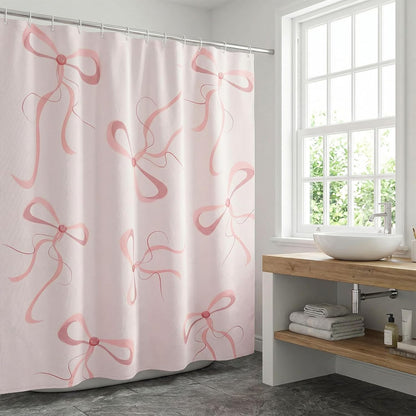4Pcs Pink Bow Shower Curtain Set, Complete Pink Bathroom Set Includes 70.8x70.8 Inch Curtain, Toilet Lid Cover, Non-Slip Rug, U-Shaped Mat, and 12 Hooks for Aesthetic Decor