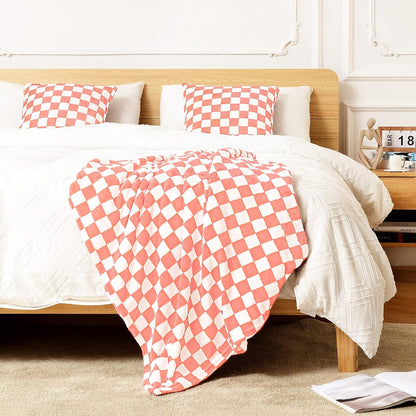 Checkered Flannel Fleece Throw Blanket Soft Cozy Checkerboard Grid Print Chessboard Gingham Pattern Blankets for Bed Couch Sofa, 50"x60", Pink