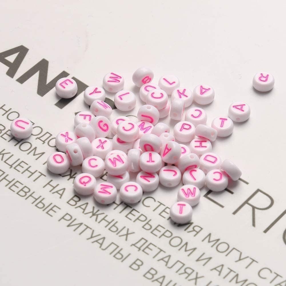 Pink Letter Beads Alphabet Letters White Round Bead, 4x7mm 1200pcs, Pink Beads for Bracelets Friendship Bracelets Making Kit Beads with Box