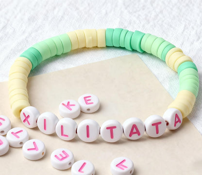 Pink Letter Beads Alphabet Letters White Round Bead, 4x7mm 1200pcs, Pink Beads for Bracelets Friendship Bracelets Making Kit Beads with Box