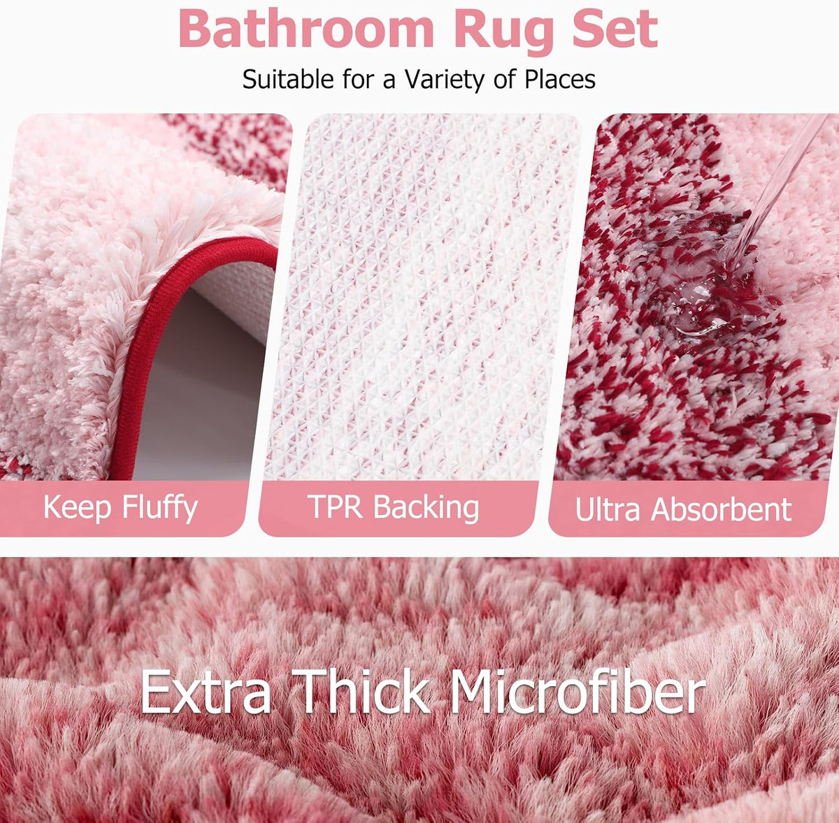 15 Pcs Shower Curtain Set Pink Bathroom Sets with Shower Curtain and Rugs Ombre Waterproof Thicken Waffle Shower Curtain with 2 Piece Non-Slip Luxury Bathroom Rugs and 12 Hooks for Bathroom Decor