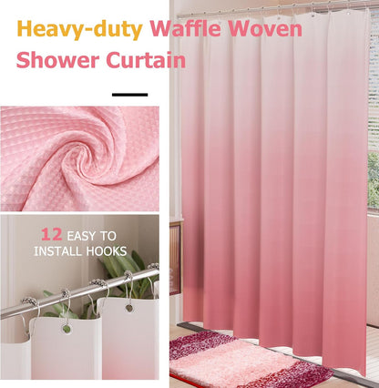 15 Pcs Shower Curtain Set Pink Bathroom Sets with Shower Curtain and Rugs Ombre Waterproof Thicken Waffle Shower Curtain with 2 Piece Non-Slip Luxury Bathroom Rugs and 12 Hooks for Bathroom Decor