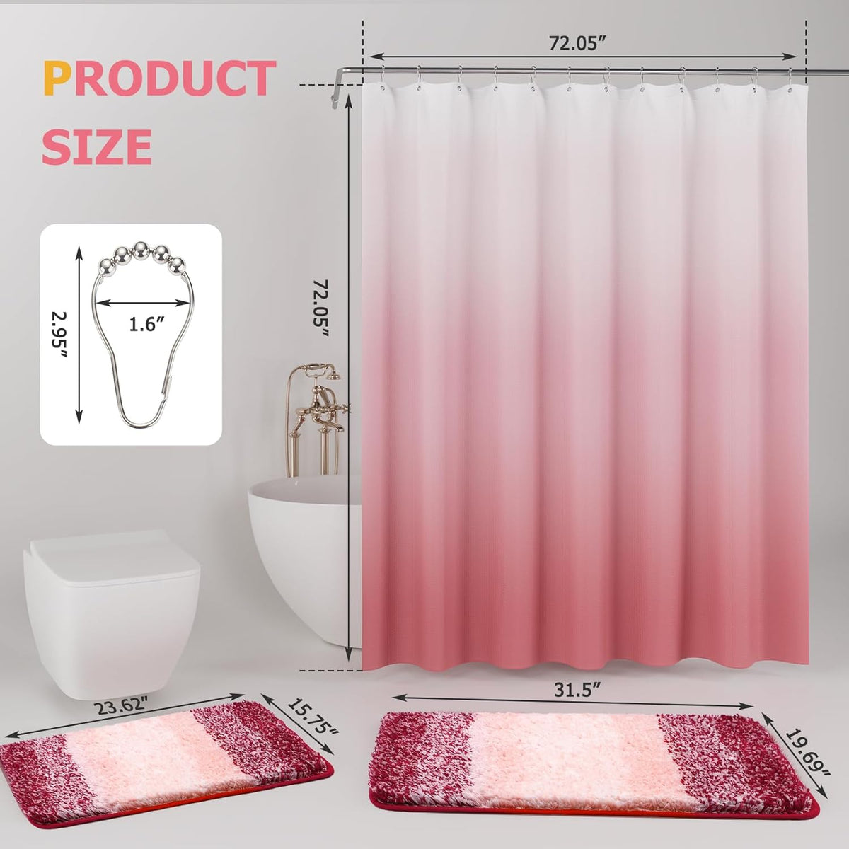 15 Pcs Shower Curtain Set Pink Bathroom Sets with Shower Curtain and Rugs Ombre Waterproof Thicken Waffle Shower Curtain with 2 Piece Non-Slip Luxury Bathroom Rugs and 12 Hooks for Bathroom Decor