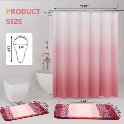 15 Pcs Shower Curtain Set Pink Bathroom Sets with Shower Curtain and Rugs Ombre Waterproof Thicken Waffle Shower Curtain with 2 Piece Non-Slip Luxury Bathroom Rugs and 12 Hooks for Bathroom Decor
