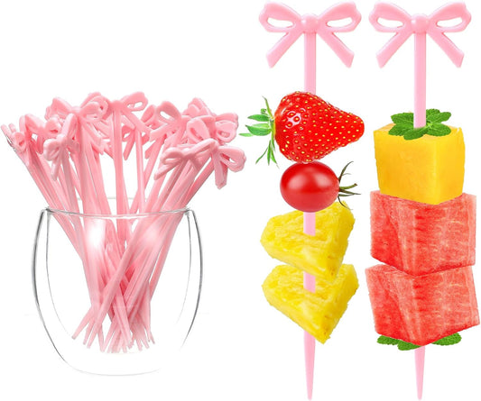 60 PCS Pink Bow Cocktail Picks, Cute Acrylic Bowknot Toothpicks for Party Fruit Skewers Pink Bows Decor Toothpicks Cupcake Toppers Appetizer Cocktail Picks for Drink Cake Dessert