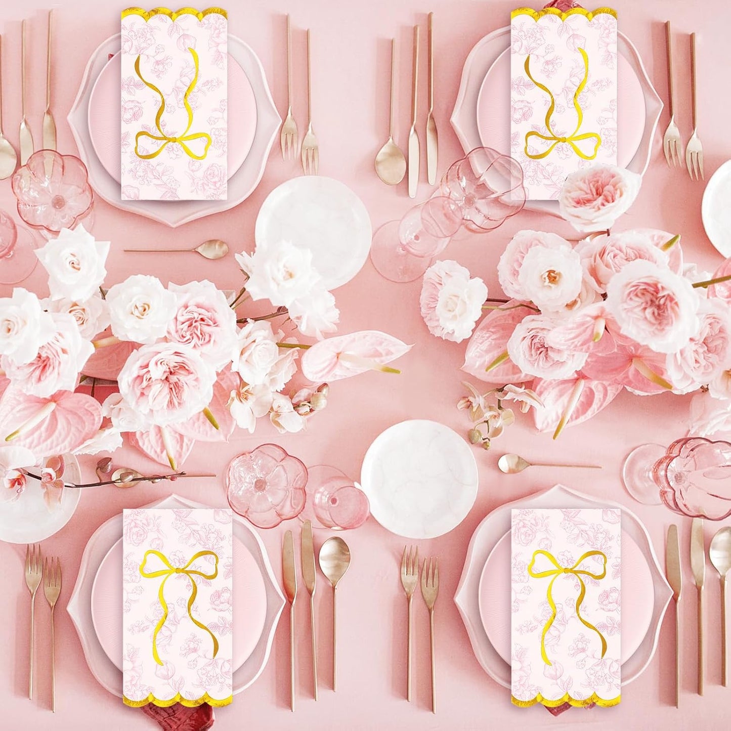 JarThenaAMCS 40Pcs Pink Floral Bow Guest Napkin Disposable Paper Napkins Scalloped Gold Foil Bow Dinner Hand Napkins for Mother's Day Coquette Birthday Wedding Party Supplies Table Decor