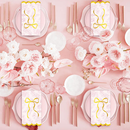 JarThenaAMCS 40Pcs Pink Floral Bow Guest Napkin Disposable Paper Napkins Scalloped Gold Foil Bow Dinner Hand Napkins for Mother's Day Coquette Birthday Wedding Party Supplies Table Decor