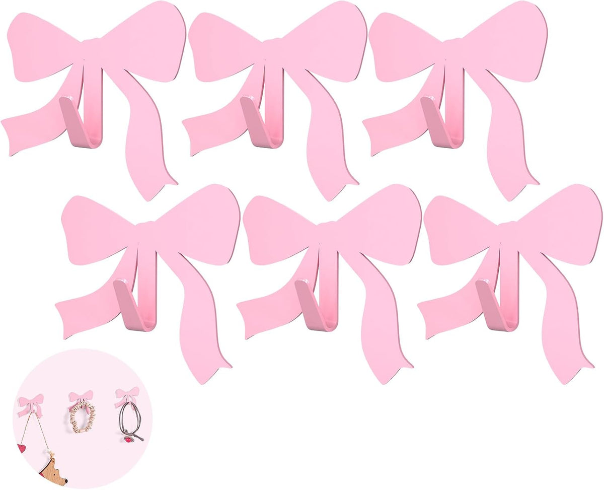 6 Pcs Pink Bow Decorative Wall Hooks Metal Strong Adhesive Wall Door Hanger Coquette Room Decor Cute Towel Coat Hooks Preppy Hanging Decor for Home Kitchen Bathroom Office