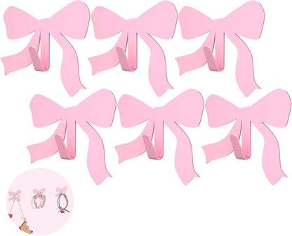 6 Pcs Pink Bow Decorative Wall Hooks Metal Strong Adhesive Wall Door Hanger Coquette Room Decor Cute Towel Coat Hooks Preppy Hanging Decor for Home Kitchen Bathroom Office