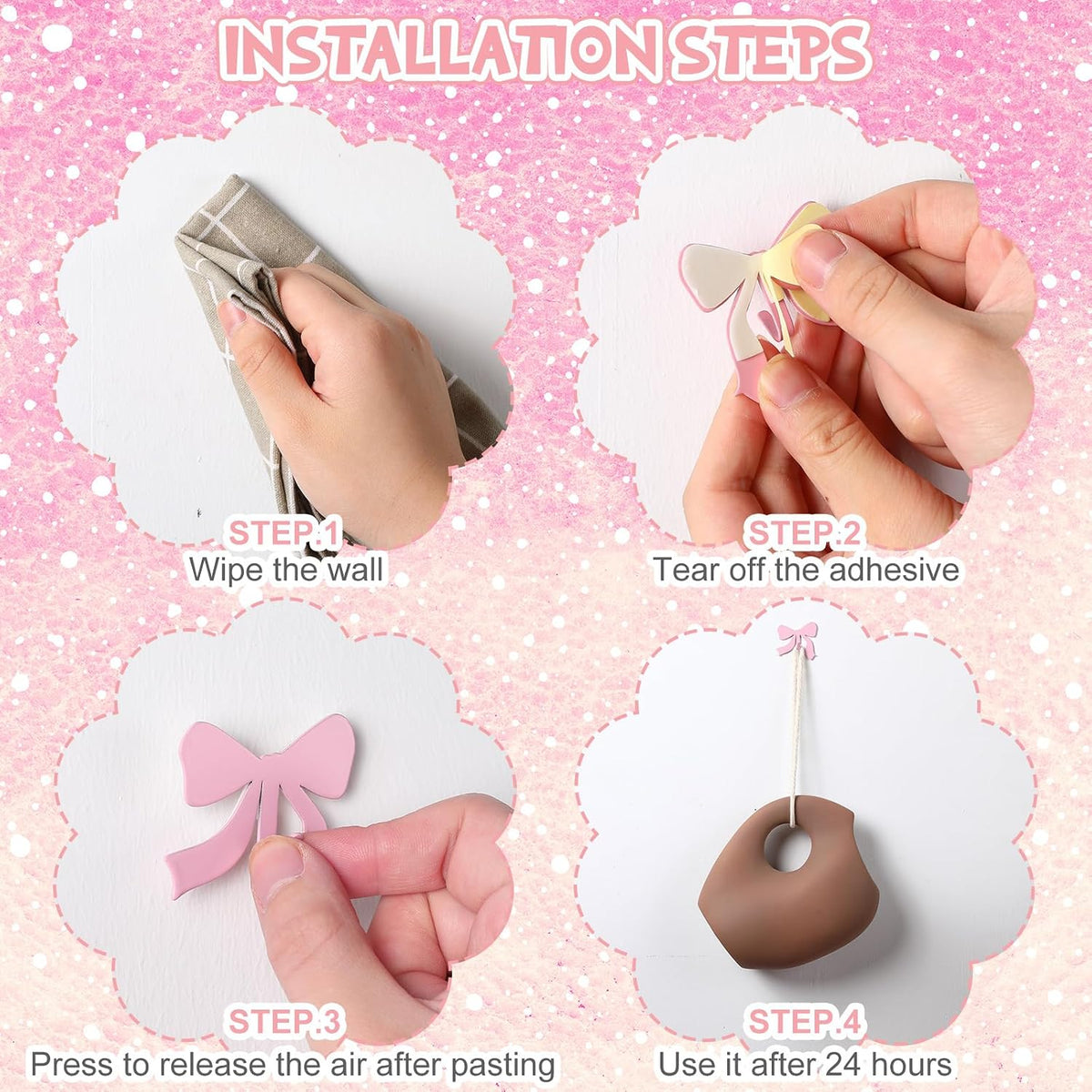 6 Pcs Pink Bow Decorative Wall Hooks Metal Strong Adhesive Wall Door Hanger Coquette Room Decor Cute Towel Coat Hooks Preppy Hanging Decor for Home Kitchen Bathroom Office