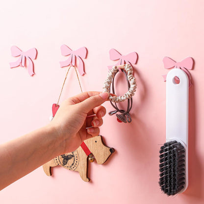 6 Pcs Pink Bow Decorative Wall Hooks Metal Strong Adhesive Wall Door Hanger Coquette Room Decor Cute Towel Coat Hooks Preppy Hanging Decor for Home Kitchen Bathroom Office