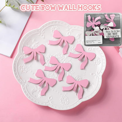 6 Pcs Pink Bow Decorative Wall Hooks Metal Strong Adhesive Wall Door Hanger Coquette Room Decor Cute Towel Coat Hooks Preppy Hanging Decor for Home Kitchen Bathroom Office