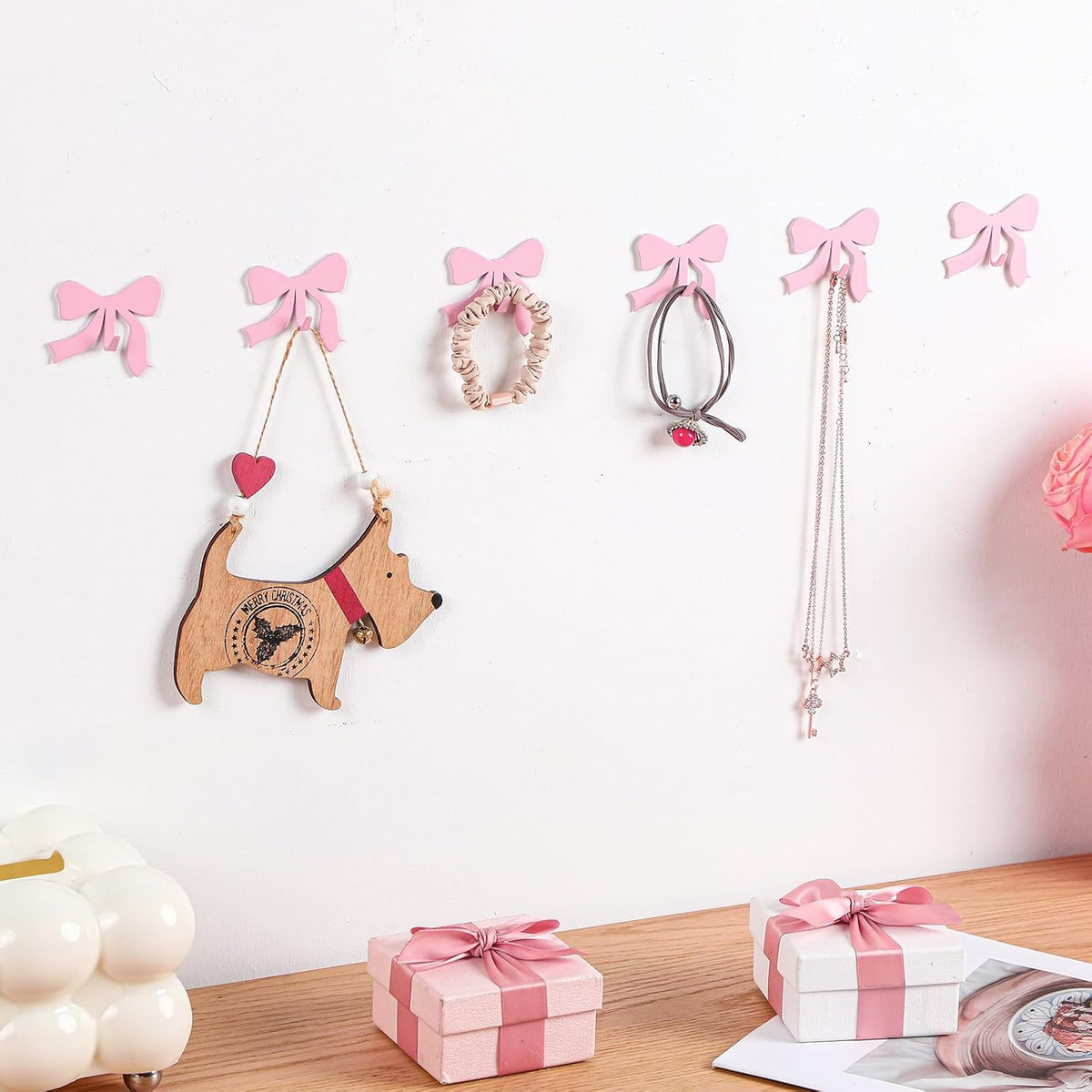 6 Pcs Pink Bow Decorative Wall Hooks Metal Strong Adhesive Wall Door Hanger Coquette Room Decor Cute Towel Coat Hooks Preppy Hanging Decor for Home Kitchen Bathroom Office
