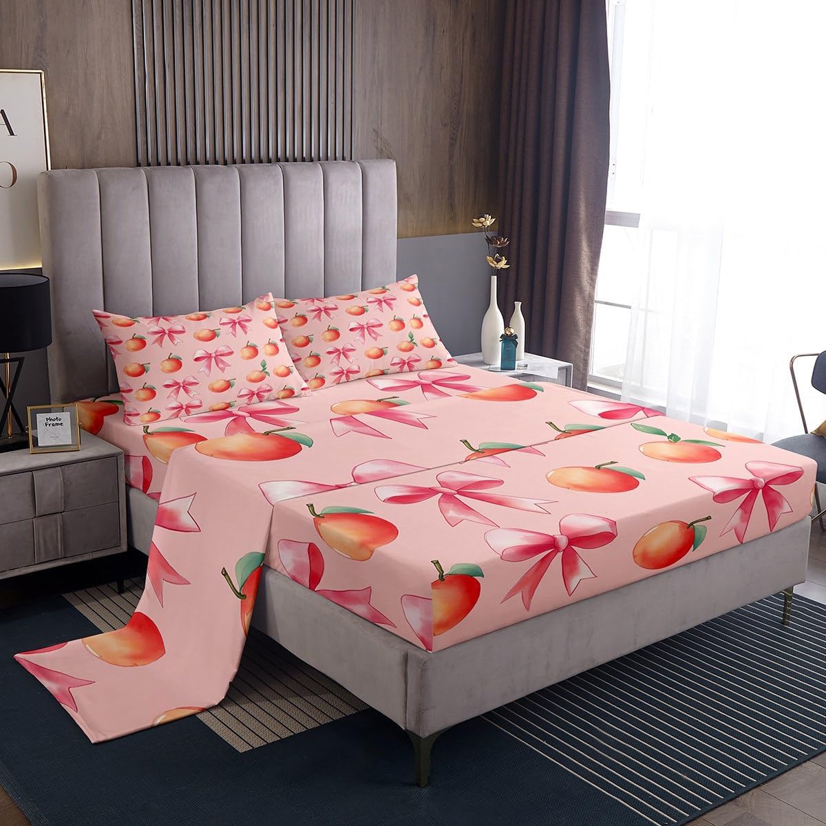 Pink Bow Kids Bed Sheets Set,Boys Girls King Size,Large Peach Fitted Sheet,Cute Coquette Bow Knot Luxury Microfiber Bedding Set,Sweet Peach Bedding Collection Fruit Gift,Pink Orange