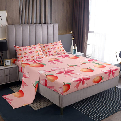Pink Bow Kids Bed Sheets Set,Boys Girls King Size,Large Peach Fitted Sheet,Cute Coquette Bow Knot Luxury Microfiber Bedding Set,Sweet Peach Bedding Collection Fruit Gift,Pink Orange