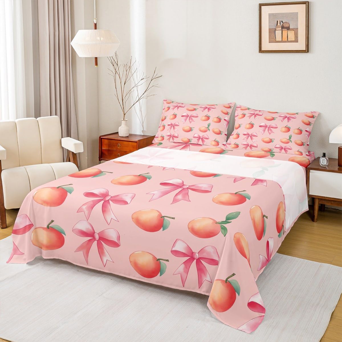 Pink Bow Kids Bed Sheets Set,Boys Girls King Size,Large Peach Fitted Sheet,Cute Coquette Bow Knot Luxury Microfiber Bedding Set,Sweet Peach Bedding Collection Fruit Gift,Pink Orange