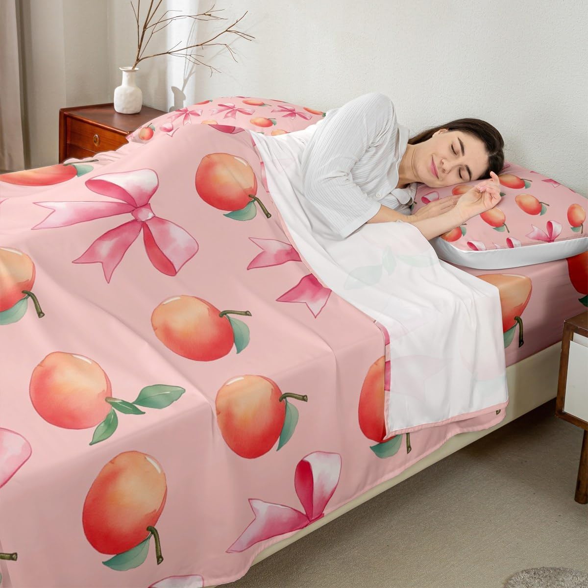 Pink Bow Kids Bed Sheets Set,Boys Girls King Size,Large Peach Fitted Sheet,Cute Coquette Bow Knot Luxury Microfiber Bedding Set,Sweet Peach Bedding Collection Fruit Gift,Pink Orange