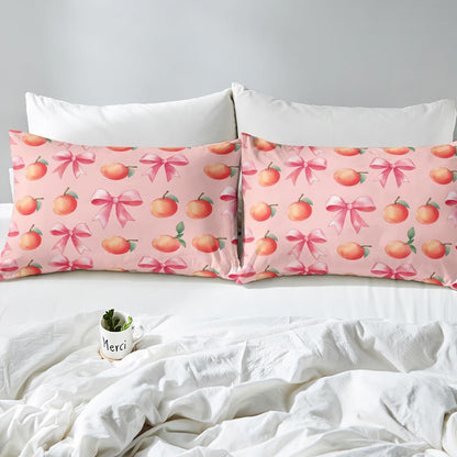 Pink Bow Kids Bed Sheets Set,Boys Girls King Size,Large Peach Fitted Sheet,Cute Coquette Bow Knot Luxury Microfiber Bedding Set,Sweet Peach Bedding Collection Fruit Gift,Pink Orange