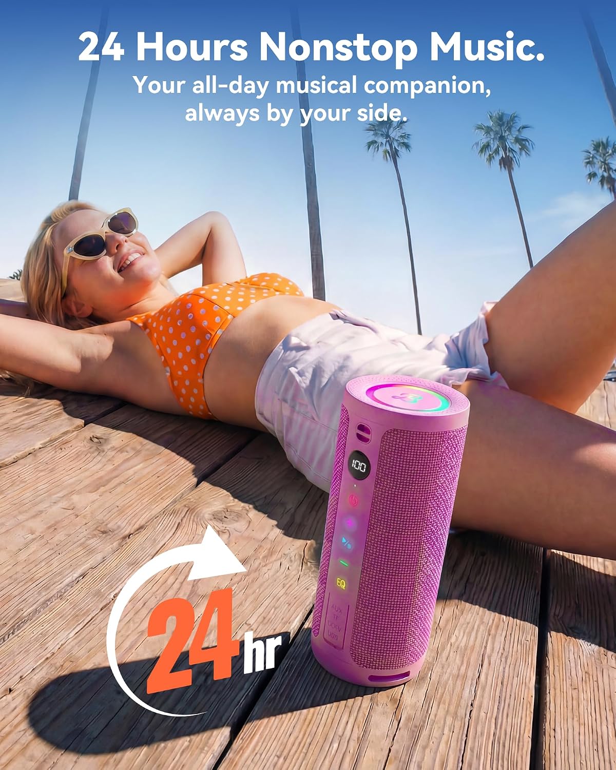 Roar 3 Portable Bluetooth Speaker,20W Powerful Sound with JIKE Bass,IPX6 Waterproof,24H Playtime,Bluetooth 5.4,RGB Lights,Wireless TWS Pairing,Outdoor for Camping and Beach (Pink)