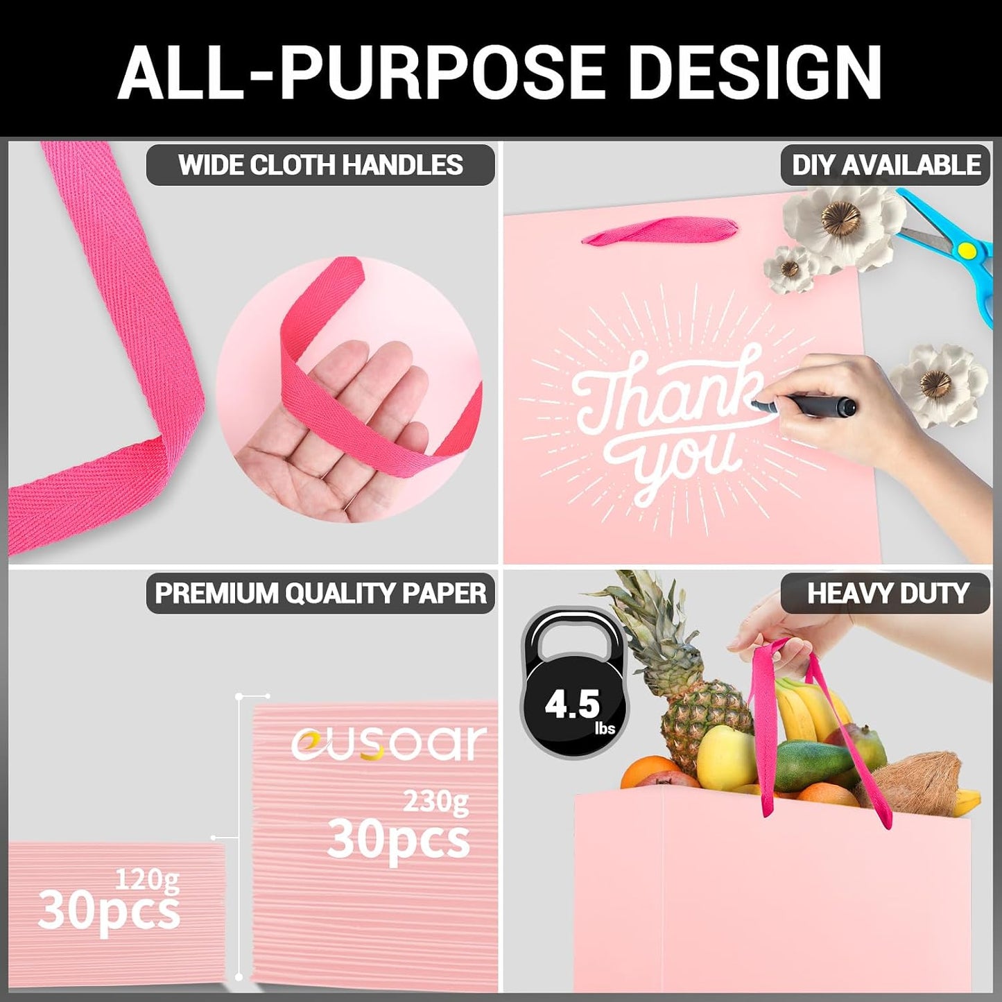 EUSOAR Small Pink Gifts Wrap Bags, 30 Pack 8.6x3.9x7 inches Shopping Bags with Handles Bulk, Party Favor Wrapping Bags for Wedding, Craft Grocery, Boutique, Retail, Business