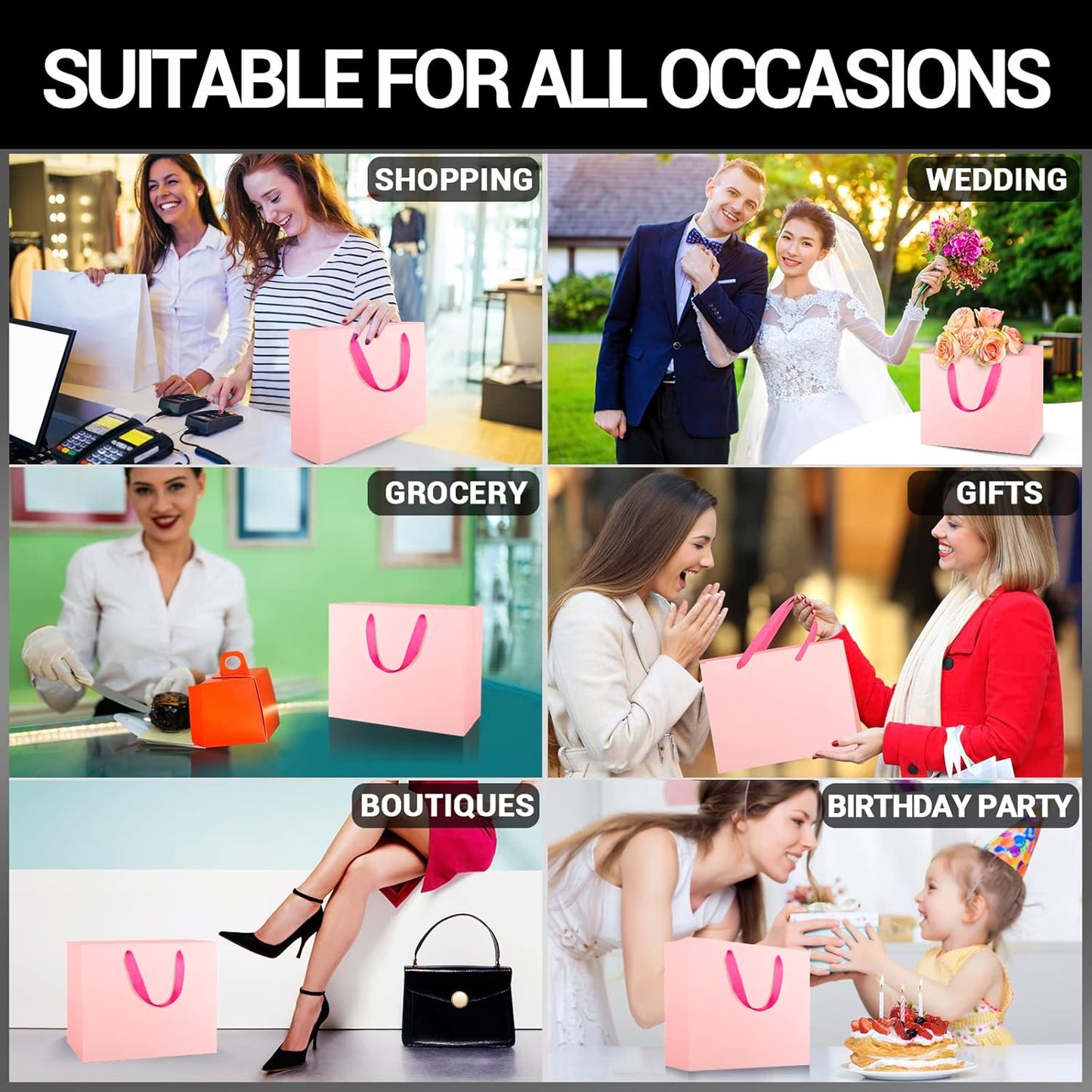 EUSOAR Small Pink Gifts Wrap Bags, 30 Pack 8.6x3.9x7 inches Shopping Bags with Handles Bulk, Party Favor Wrapping Bags for Wedding, Craft Grocery, Boutique, Retail, Business