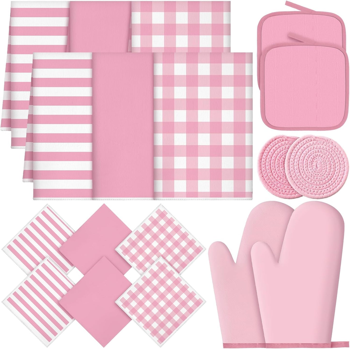 18Pcs Kitchen Decor Accessories Set Oven Mitts Pot Holders Kitchen Towels Dishcloths Oven Gloves Dish Towels Heatproof Potholders Striped Gingham Plaid for Baking Cooking(Rose Pink)