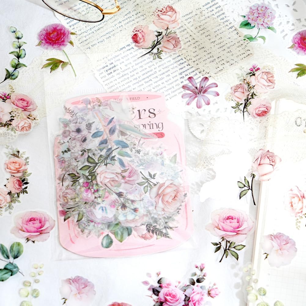 100 Pcs Pink Flower Stickers for Scrapbooking Junk Journal Notebook Diary Planner Letter Card Making Collage Envelope Water Bottle Phone Case Craft Decoration (Pink)