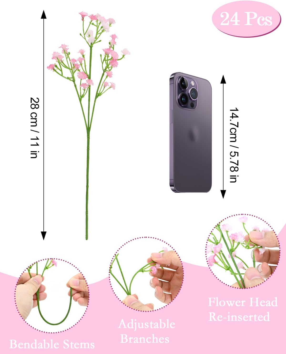 Babys Breath Artificial Flowers, 24Pcs Fake Baby Breath Flowers Artificial Bulk Faux Gypsophila Real Touch Flowers for Wedding DIY Bouquet Arrangement Party Home Garden Spring Decor, Pink